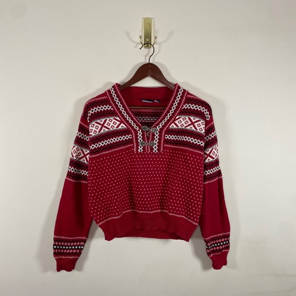 Liz Claiborne Sweaters - Vintage Liz Claiborne Sport Fair Isle Nordic‎ Knit Sweater Red White Ski Clasps